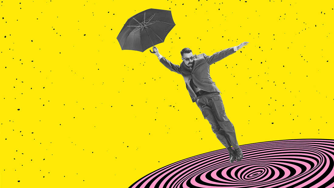 Shocked man with umbrella is swallowed up by abyss. Contemporary art collage. New ideas and creative inspiration. Concept of retro vintage style. optical illusion elements. Fantasy, psychedelic and