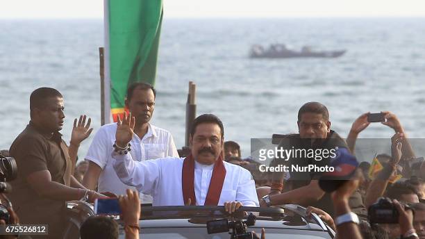 Former Sri Lankan president Mahinda Rajapaksa acknowledges his supporters  gathered at the Joint Opposition May Day Rally held at Galle Face Green, Colombo, Sri Lanka. Monday 1st May 2017. (Photo by Tharaka Basnayaka/NurPhoto via Getty Images)