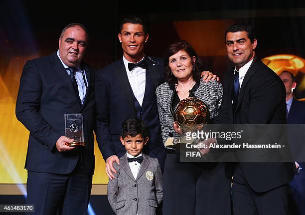 ZURICH, SWITZERLAND - JANUARY 12:  FIFA Ballon d'Or winner Cristiano Ronaldo of Portugal and Real Madrid poses with son Cristiano Ronaldo Junior and mother Maria Dolores dos Santos Aveiro during the FIFA Ballon d'Or Gala 2014 at the Kongresshaus on January 12, 2015 in Zurich, Switzerland.  (Photo by Alexander Hassenstein - FIFA/FIFA via Getty Images)