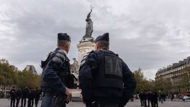 p french police officers patrol on place de la republique nbsp in central paris france p