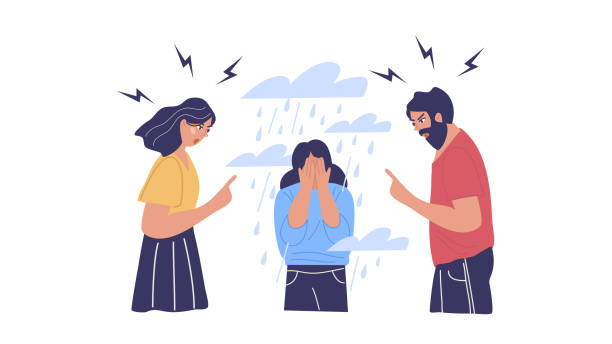 Conflict with parents, father and mother scolding a teenage girl. Adolescent girl under stress, depression. Children's misunderstanding with their families. Vector characters.