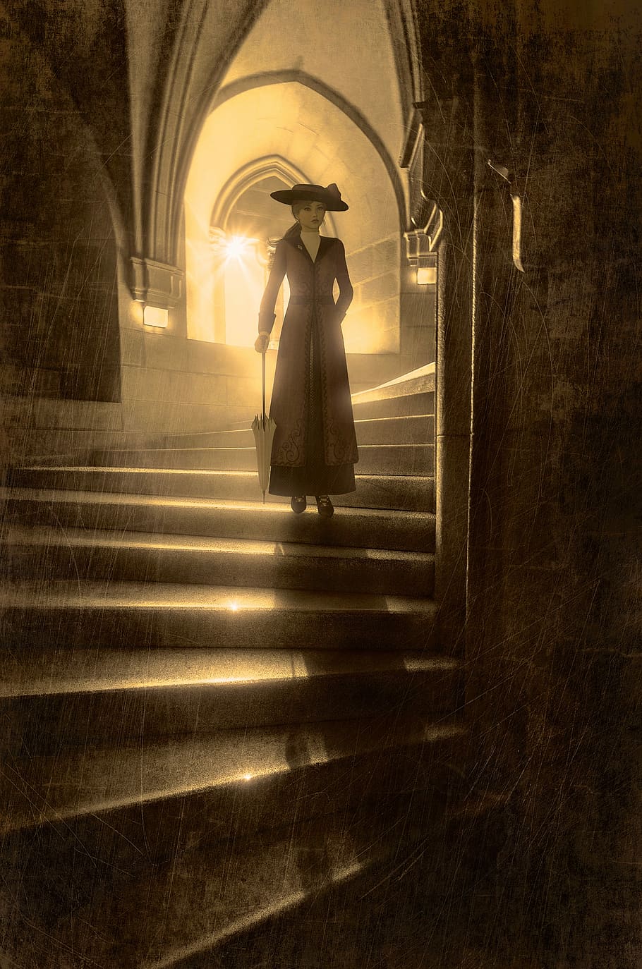 book cover woman stairs back light
